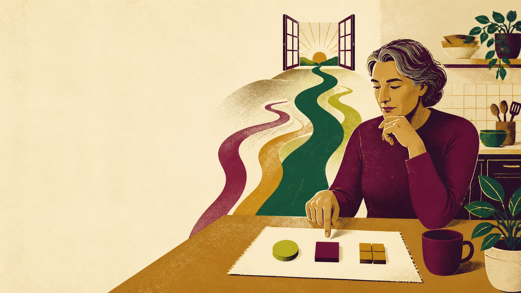 A mature woman compares several modest options as separate paths converge toward an open window and morning light.