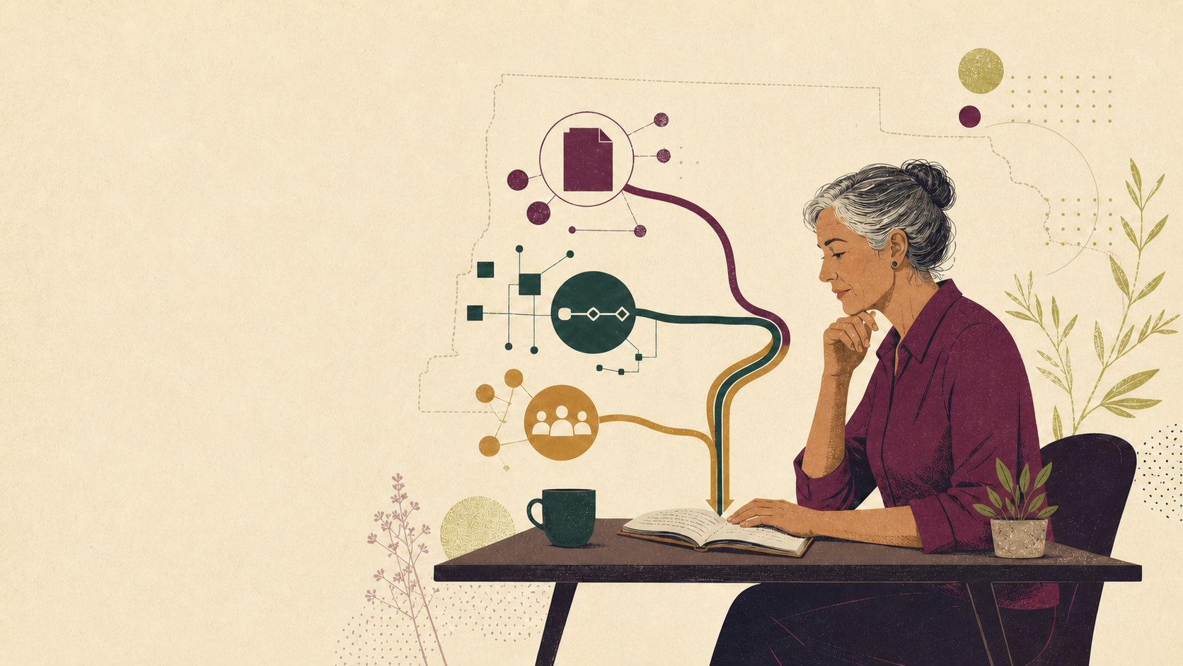A mature woman at a table connecting documents, public rules, and patient experience through an illustrated pathway.