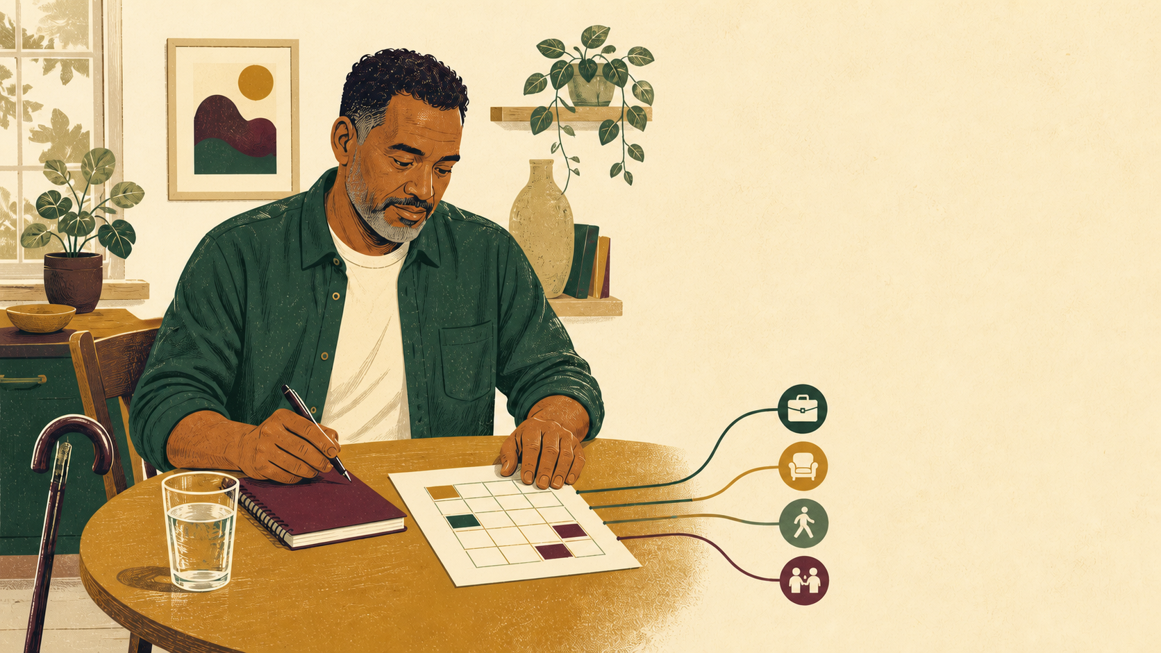 A mature man plans a weekly routine connecting work, rest, movement, and conversation.