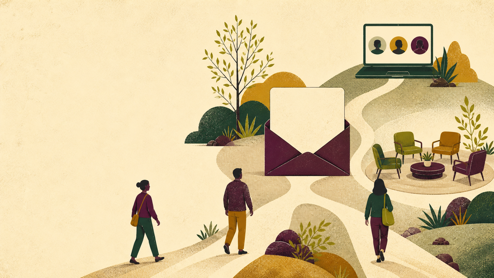 An update card connects by branching paths to an online conversation and a welcoming circle of chairs for an in-person meeting.
